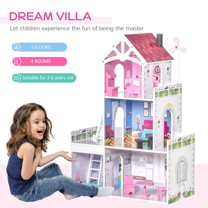 Kids Dollhouse Dreamhouse Villa for Toddler Girls Multi-level House for Children with Furniture Accessories Kit Pink
