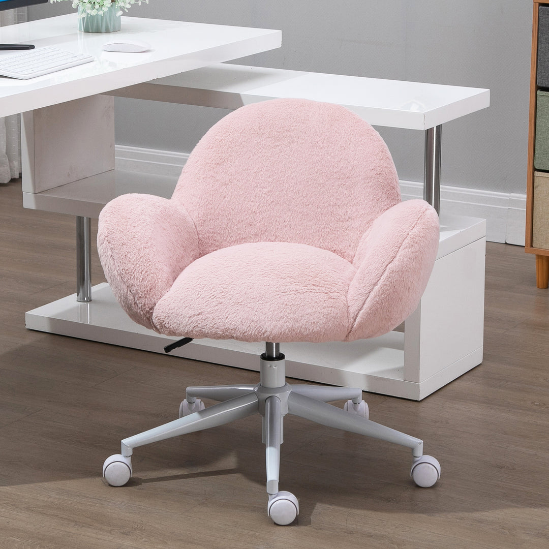 Fluffy Leisure Chair Office Chair with High Back and Armrest for Home Bedroom Living Room with Wheels, Pink
