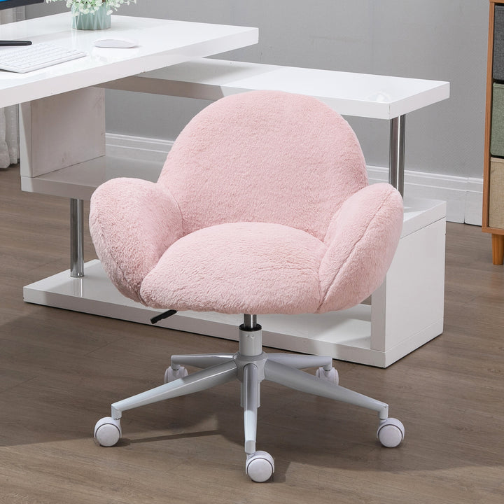Fluffy Leisure Chair Office Chair with High Back and Armrest for Home Bedroom Living Room with Wheels, Pink