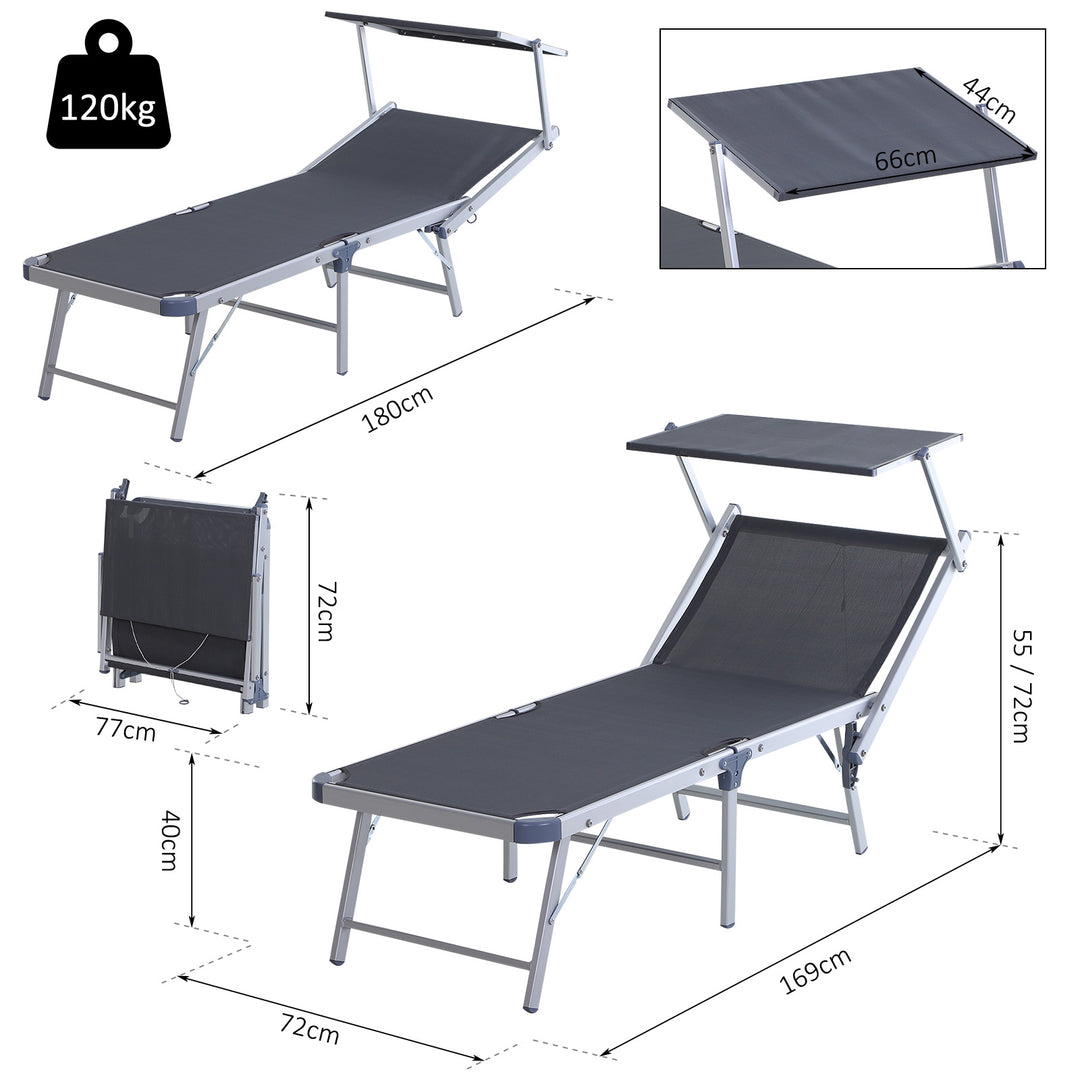 Outsunny Garden Sun Lounger Texteline Chaise Lounge Reclining Chair with Canopy Adjustable Backrest Bed Aluminium Frame - Grey