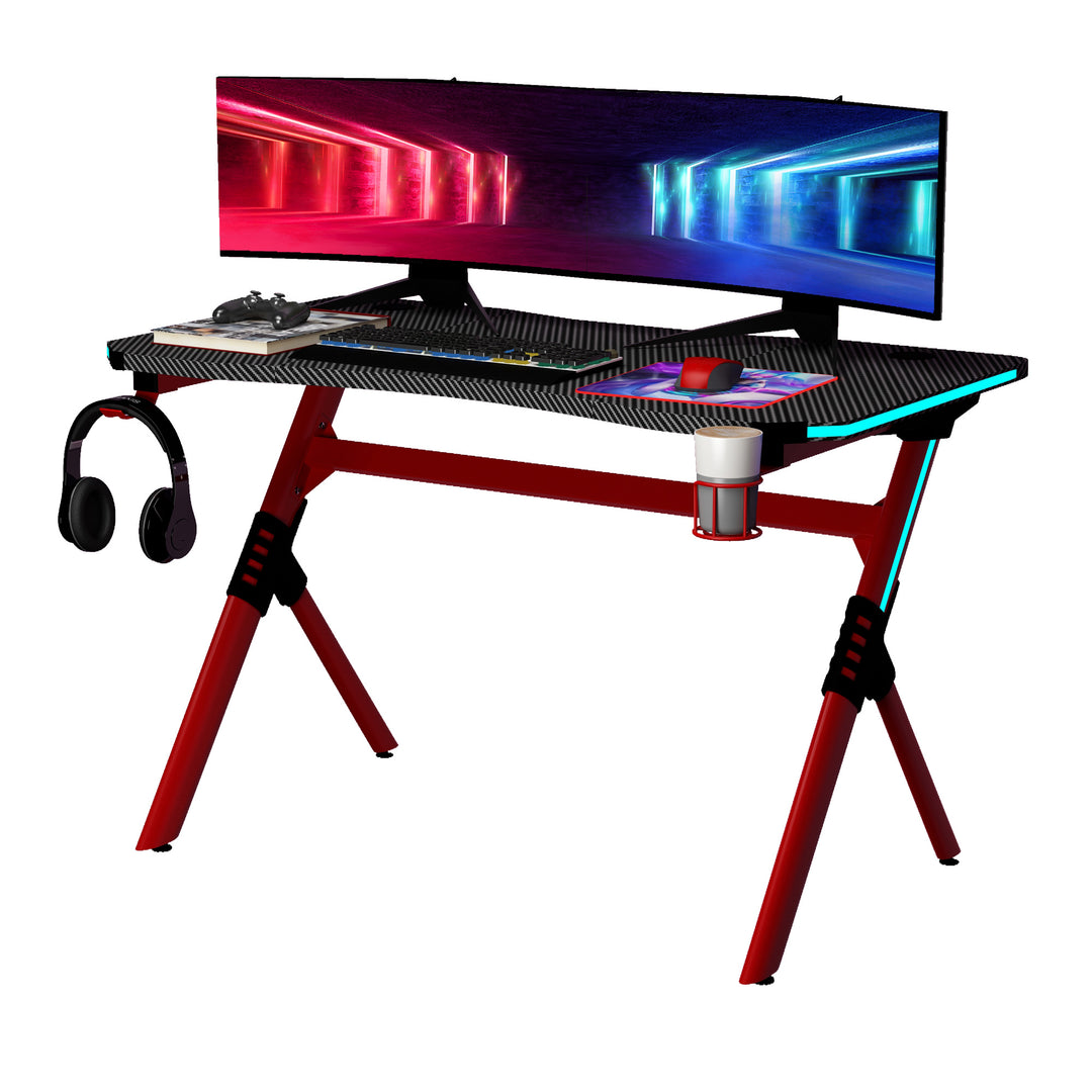 Gaming Desk with RGB LED Lights Racing Style Gaming Table with Cup Holder, Cable Management, Red
