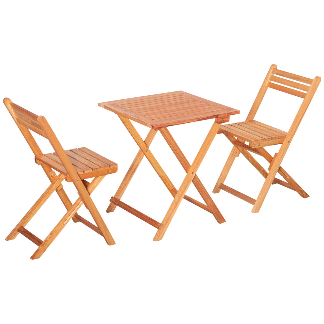 Outsunny 3 Piece Garden Bistro Set, Folding Outdoor Chairs and Table Set, Wooden Patio Dining Furniture for Poolside, Balcony, Teak
