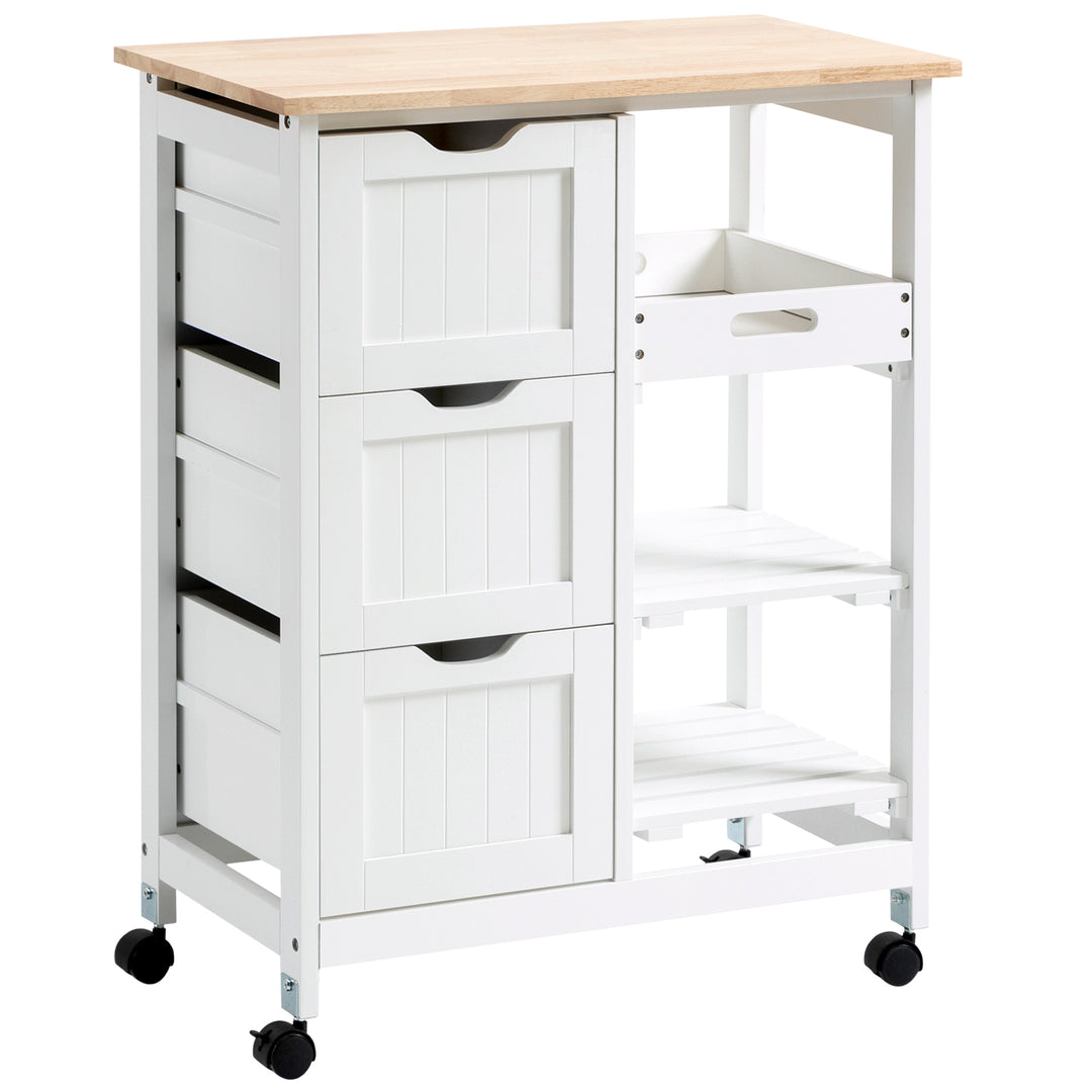 Rolling Kitchen Island Cart, Bar Serving Cart, Compact Trolley on Wheels with Wood Top, Shelves &amp; Drawers for Home Dining Area, White