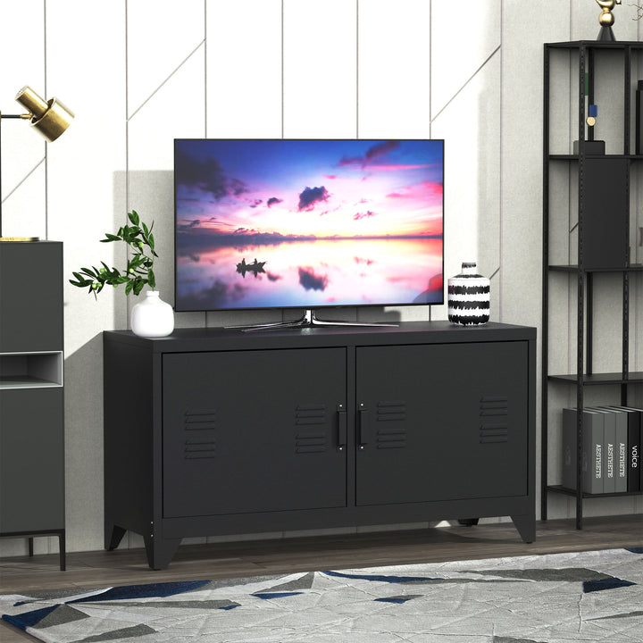Industrial TV Cabinet Stand Media Center Steel Shelf Doors Storage System DVD Recorder Receiver Unit - Black