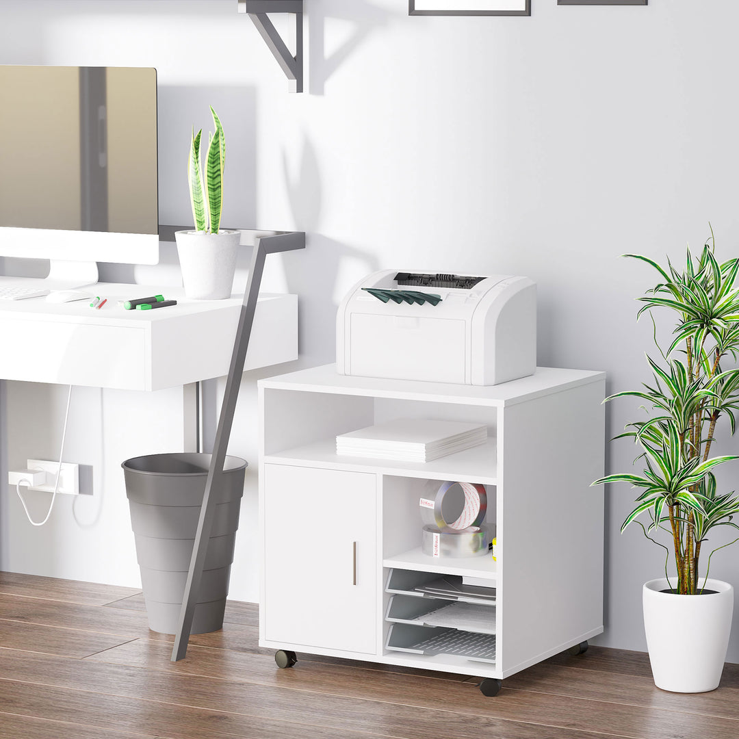 HOMCOM Multi-Storage Printer Stand Unit Office Desk Side Mobile Storage w/ Wheels Modern Style 60L x 50W x 65.5H cm - White