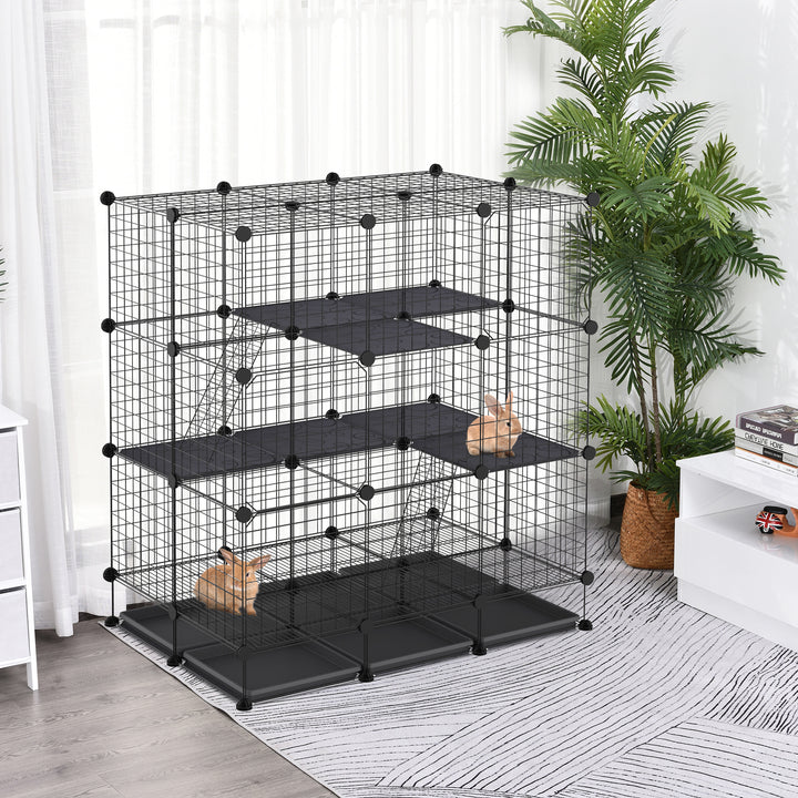 Pawhut 3 Level DIY Pet Playpen Metal Small Animal Cage Guinea Pig Rabbit Ferret Chinchillas Cage 4 Doors Bottom Trays Black