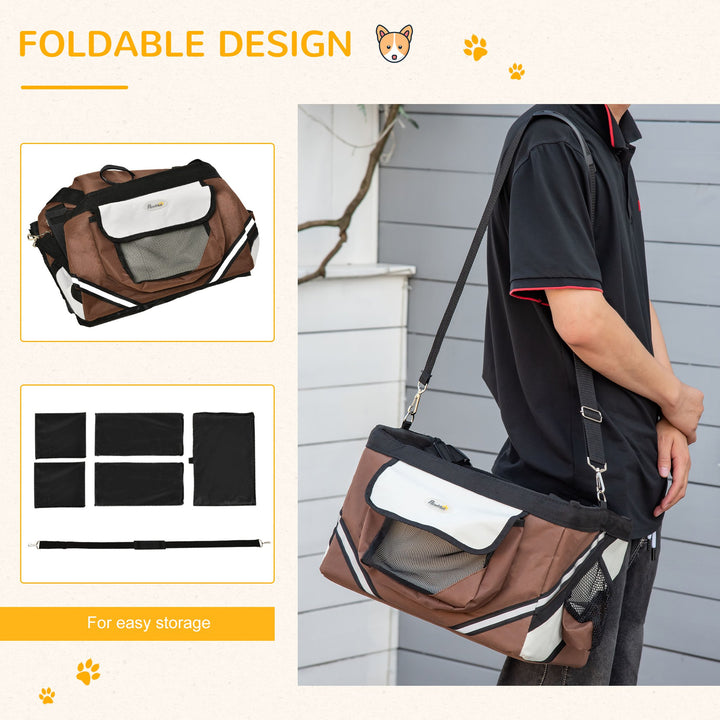 Foldable Pet Carrier Bag Dog Bike Basket Soft-Sided Cat Carrier w/ Storage Pockets, Brown