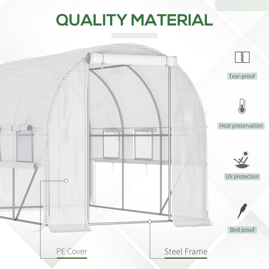 Outsunny 3 x 2 x 2m Walk-in Tunnel Greenhouse, Polytunnel Tent with PE Cover, Zippered Roll Up Door and 6 Mesh Windows, White