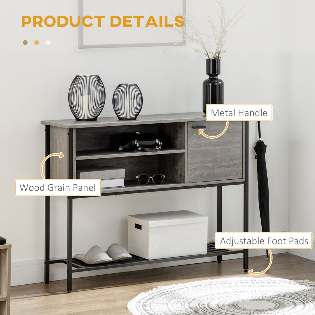 Industrial Console Table, Narrow Hallway Table with Cabinet, Open Compartments and Slatted Shelf for Entryway, Grey