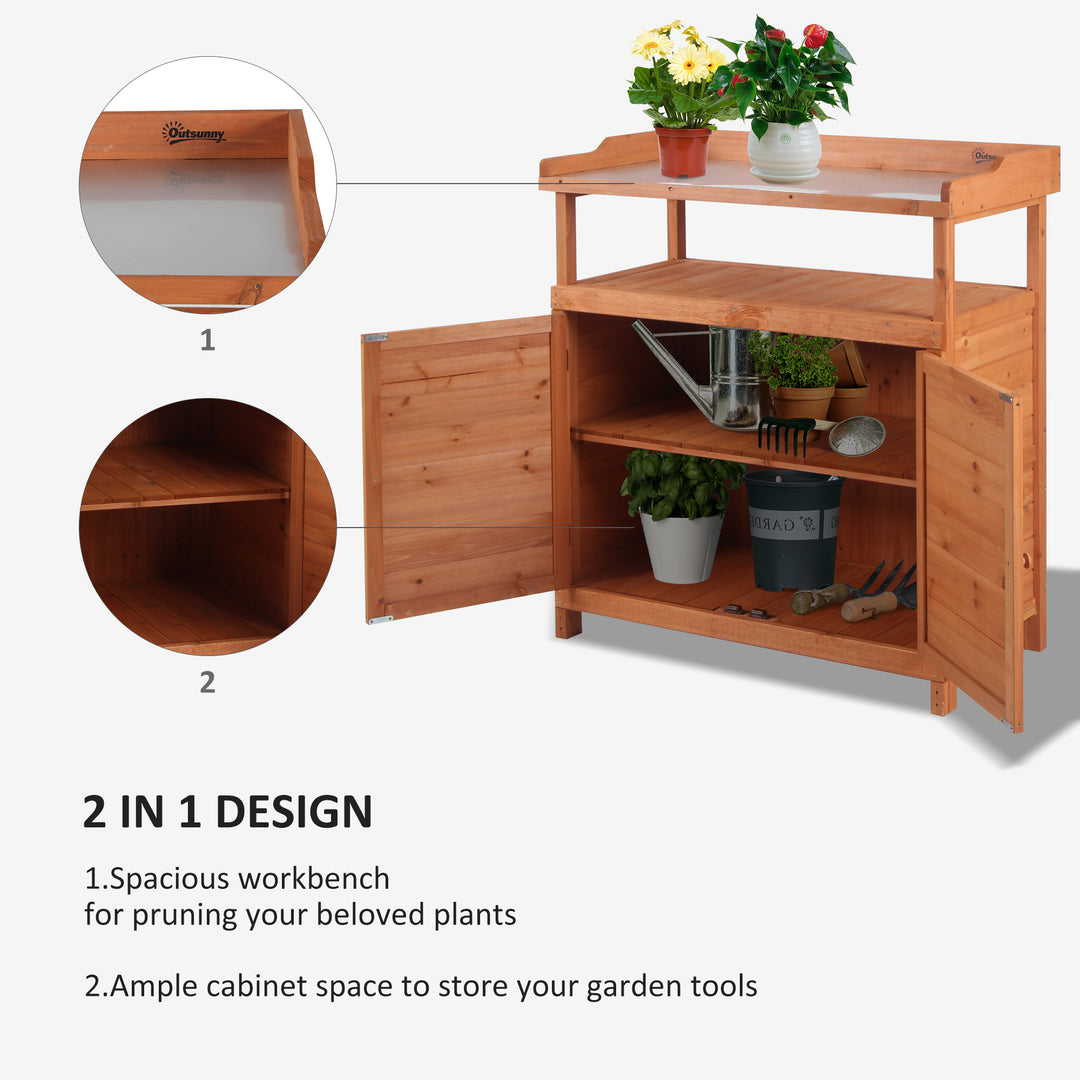 Multi-function Potting Bench Table w/ Storage Cabinet and Galvanized Table Top, Wooden Planting Workstation, 98cm x 47cm x 105cm