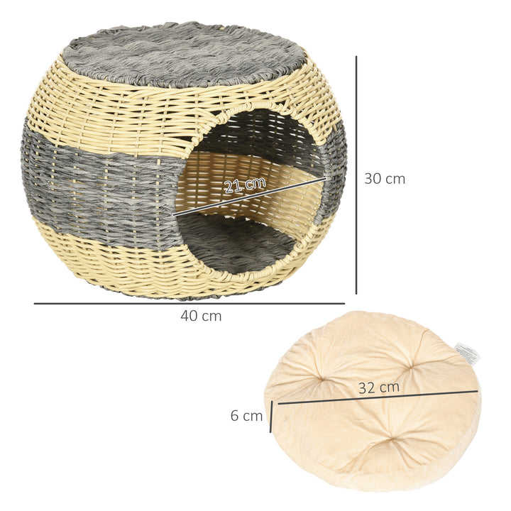 Wicker Cat House, Rattan Raised Cat Bed, Cosy Kitten Cave with Soft Washable Cushion, Φ40 x 30cm