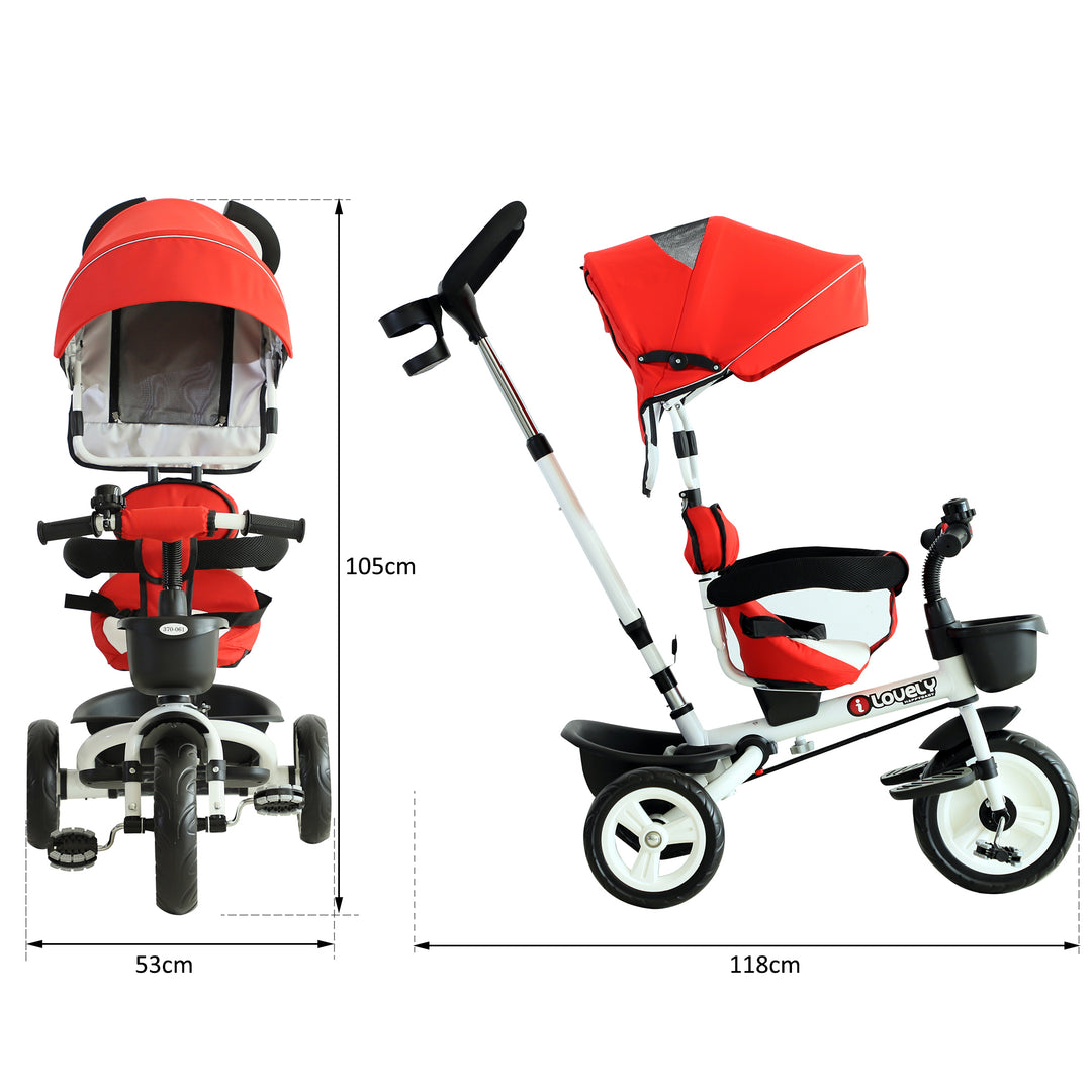 4-in-1 Kids Tricycle Stroller W/ Canopy-Red