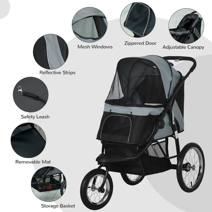 Pet Stroller Jogger for Medium Small Dogs, Foldable Cat Pram Dog Pushchair with Adjustable Canopy, 3 Big Wheels, Grey