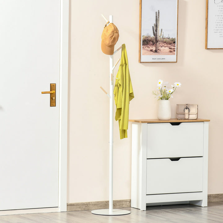HOMCOM 174cm Free Standing Coat Rack Stand with 6 Hooks Clothes Tree Hat Display Hall Tree Hanger Hanging Organizer White