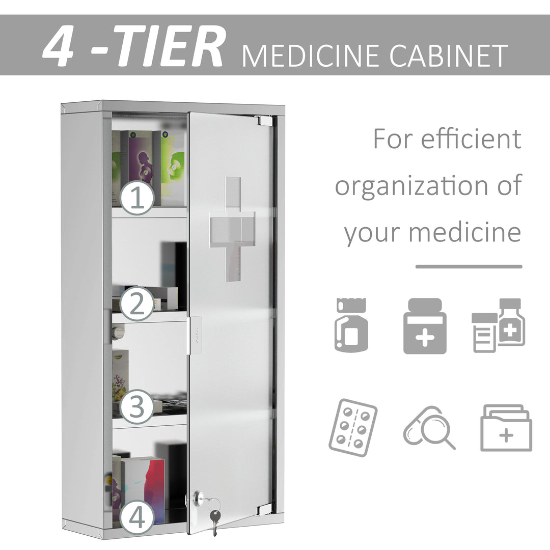 4 Tier Stainless Steel Wall Mounted Medicine Cabinet Glass Lockable Door Storage Shelves Houseware Bathroom Furniture 60Hx30Wx12D(cm)