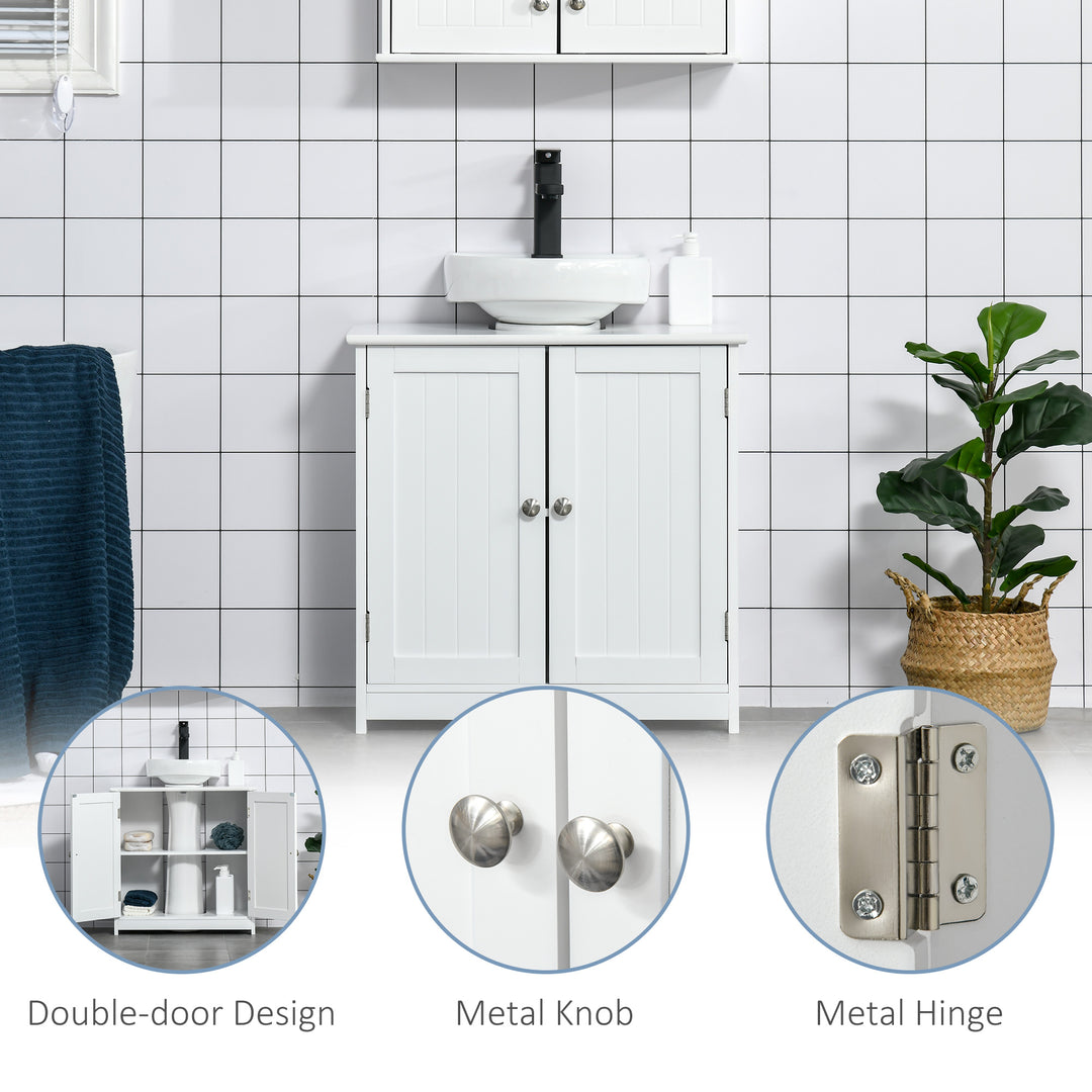 Kleankin 60x60cm Under Sink Storage w/ Adjustable Shelf Handles Drain Hole Bathroom Cabinet Space Saver Organizer White