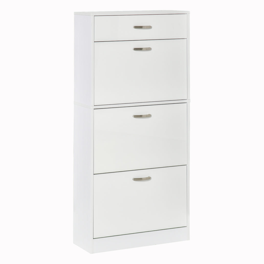 Shoe Cabinet with 4 Drawers Storage High Gloss Cupboard with Flip Doors Pull Down Furniture Unit with Adjustable Shelves for 18 Pairs White