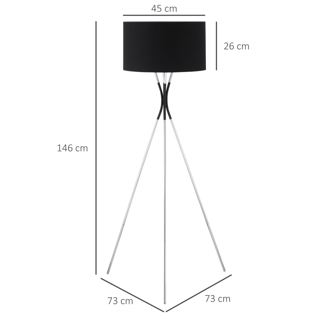 Modern Tripod Floor Lamp, Free Standing Light with Metal Frame, Fabric Lampshade and E27 Base for Living Room, Bedroom, Office, Black