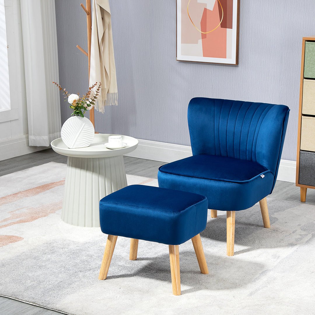 HOMCOM Velvet Accent Chair Occasional Tub Seat Padding Curved Back w/ Ottoman Wood Frame Legs Home Furniture, Dark Blue