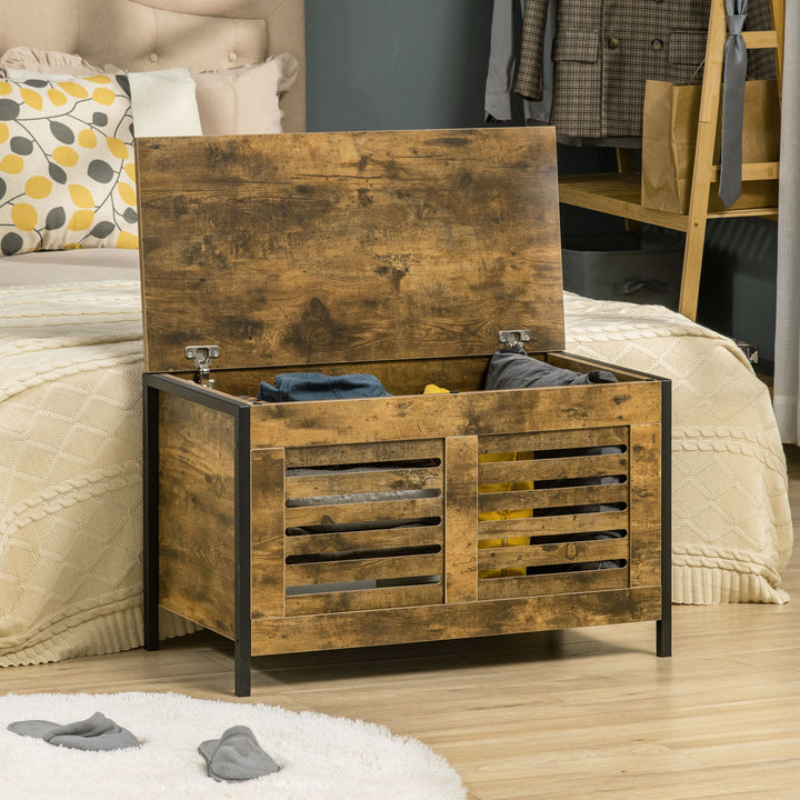 Industrial Storage Bench, Lift Top Storage Chest, Shoe Bench, Toy Box Organizer with Lid &amp; Louvered Cabinet, for Bedroom, Entryway Rustic Brown