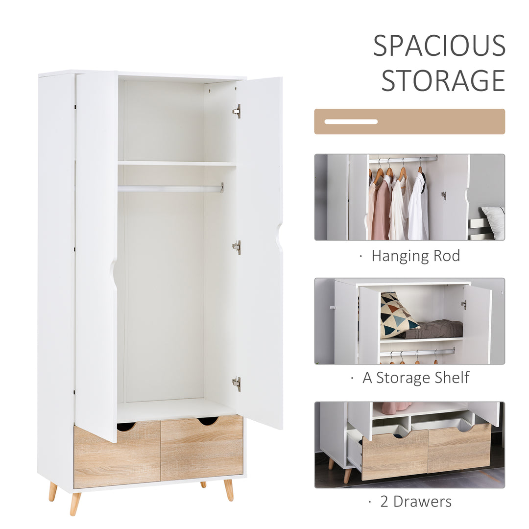 HOMCOM 2-Door Clothes Wardrobe w/ Rail Shelf 2 Drawers Wood Feet Elegant Home Storage Organisation Furniture Dresses Coats Blankets Shoes White