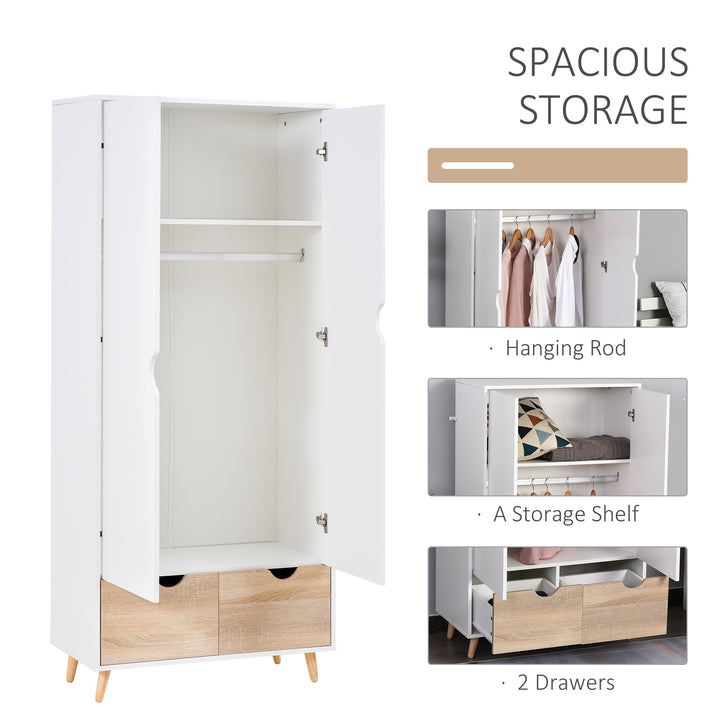 HOMCOM 2-Door Clothes Wardrobe w/ Rail Shelf 2 Drawers Wood Feet Elegant Home Storage Organisation Furniture Dresses Coats Blankets Shoes White