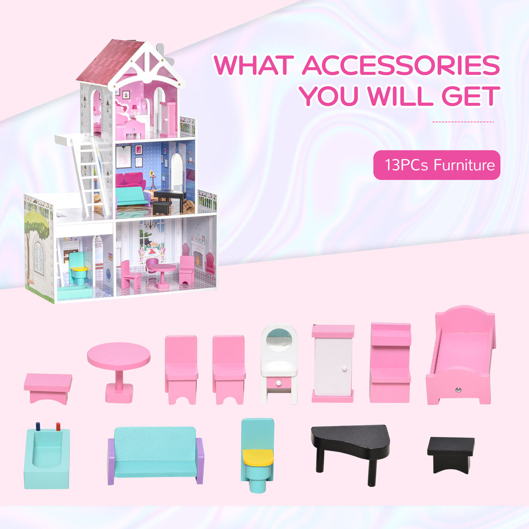 Kids Dollhouse Dreamhouse Villa for Toddler Girls Multi-level House for Children with Furniture Accessories Kit Pink