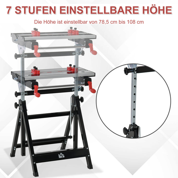 Foldable Work Bench Tool Stand with Adjustable Height and Clamps, Carpenter Saw Table, Heavy Duty Steel Frame, 100kg Capacity