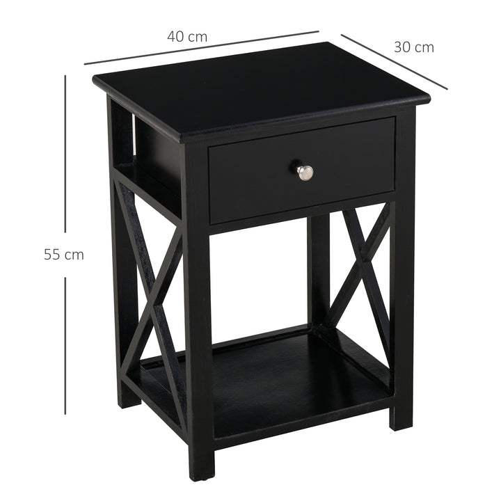 Traditional Accent End Table With 1 Drawer,X Bar Bottom Storage Shelf, for Living Room Bedroom Room 40L x 30W x 55H cm - Black