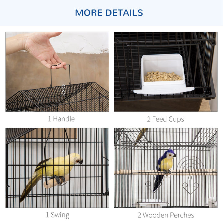 Metal Bird Cage with Plastic Swing Perch Food Container Tray Handle for Finch Canary Budgie 50.5 x 40 x 63cm Black