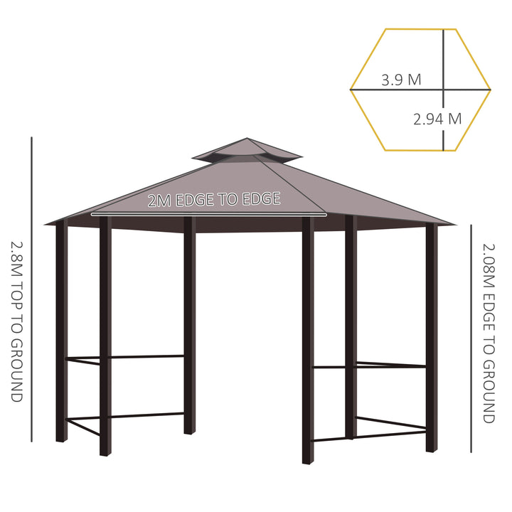 Hexagon Gazebo Patio Canopy Party Tent Outdoor Garden Shelter w/ 2 Tier Roof & Side Panel - Brown