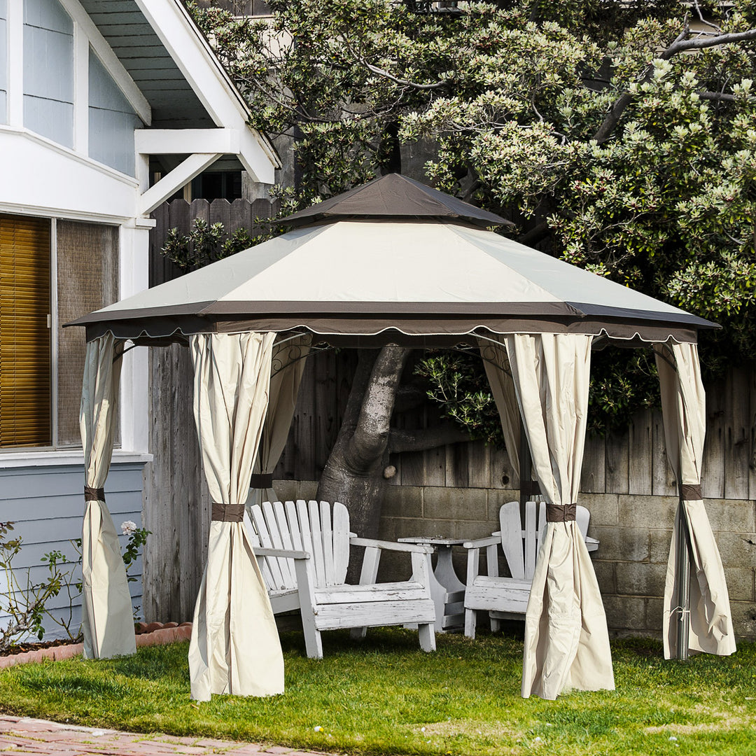 Outsunny 3.4m Steel Gazebo Canopy Party Tent Garden Pavilion Patio Shelter with Curtains &amp; 2 Tier Roof, Beige