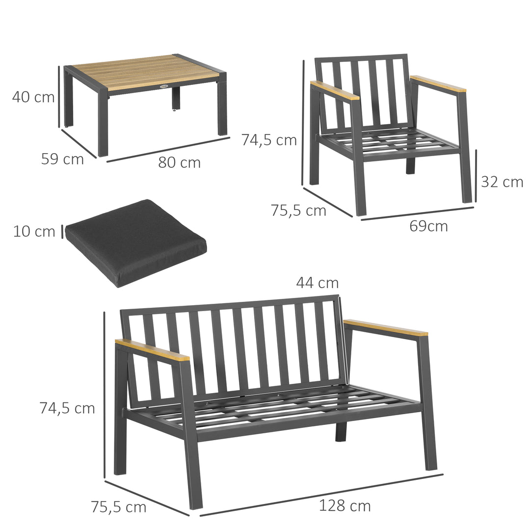 4 Piece Garden Sofa Set with Padded Cushions, 4-Seater Aluminium Outdoor Conversation Furniture Set with Coffee Table, Grey