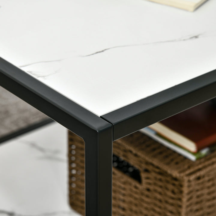 HOMCOM Modern Coffee Table with Faux Marble Top, Cocktail Table with 2-Tier Storage and Steel Frame for Living Room, White