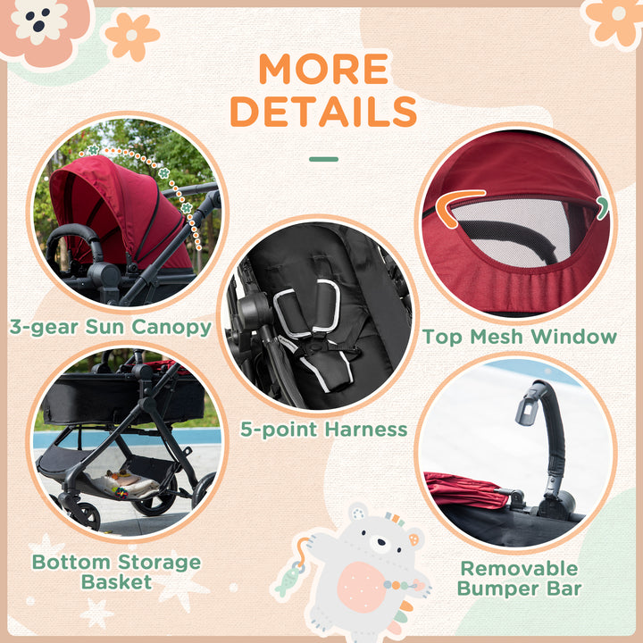 2 in 1 Lightweight Pushchair w/ Reversible Seat, Foldable Travel Baby Stroller w/ Fully Reclining From Birth to 3 Years, 5-point Harness Red