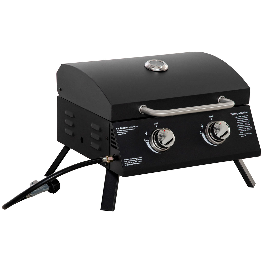 Outsunny 2 Burner Gas Barbecue Grill Garden Portable Tabletop BBQ w/ Folding Legs, Lid, Thermometer, Carbon Steel Body, Black