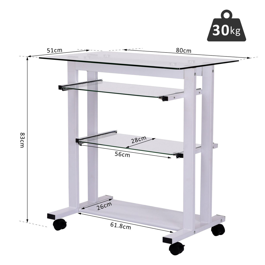 Computer Desk Glass Table Workstation Laptop pc desk mobile  with wheels White