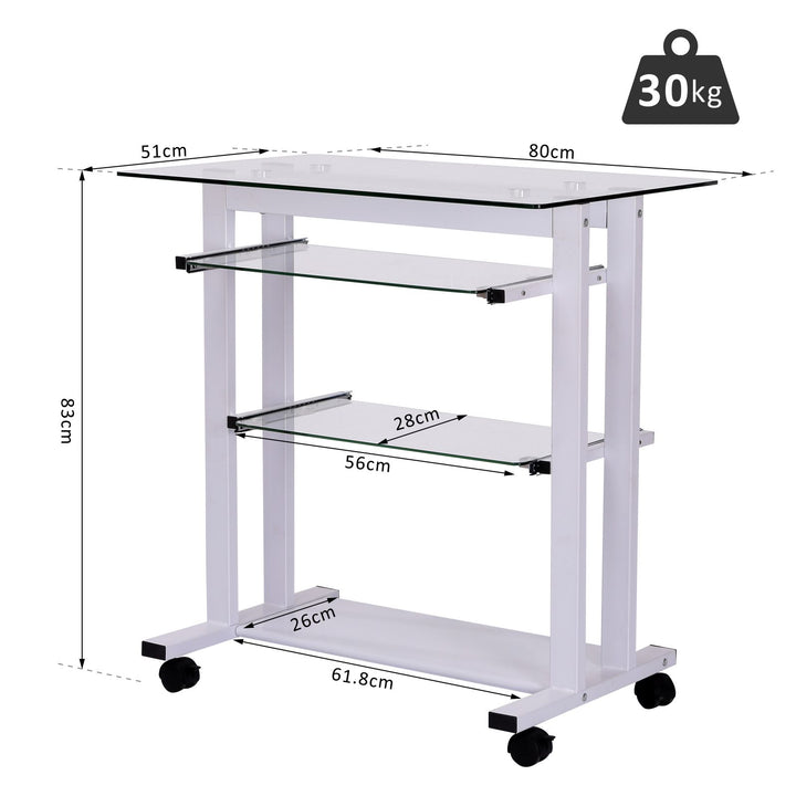 Computer Desk Glass Table Workstation Laptop pc desk mobile  with wheels White