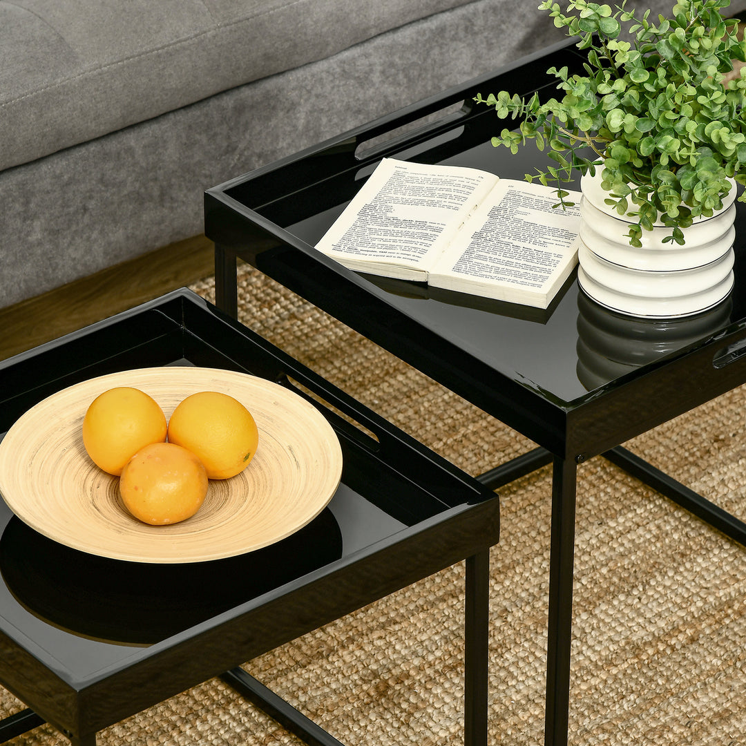 Modern Coffee Table Set of 2, Square Nest of Tables with Steel Frame and High Gloss Effect for Living Room, Black