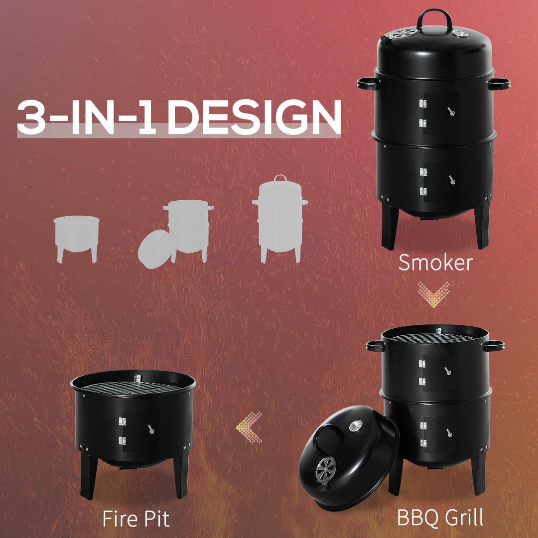 3-in-1 Charcoal BBQ Grill, Portable Smoker Barbecue with Thermostat for Garden Camping Outdoor Cooking