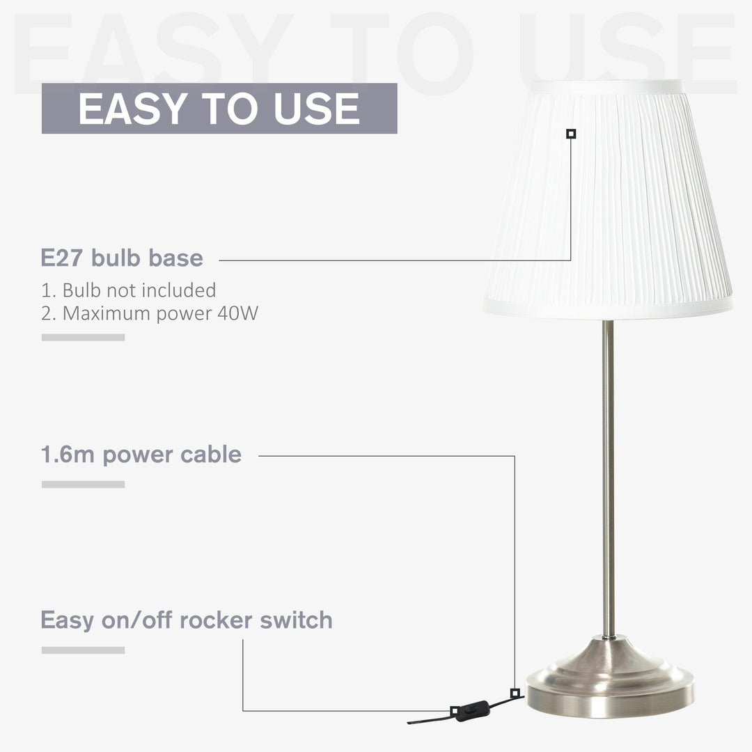 HOMCOM Modern Table Lamp with Pleated Fabric Lampshade and Metal Base, Home Lighting for Living Room, Bedroom, Office, White and Silver