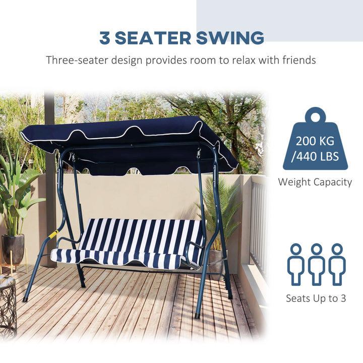 3 Seater Garden Swing Chair_ Outdoor Garden Bench with Adjustable Sun Cover and Metal Frame - Blue Stripes