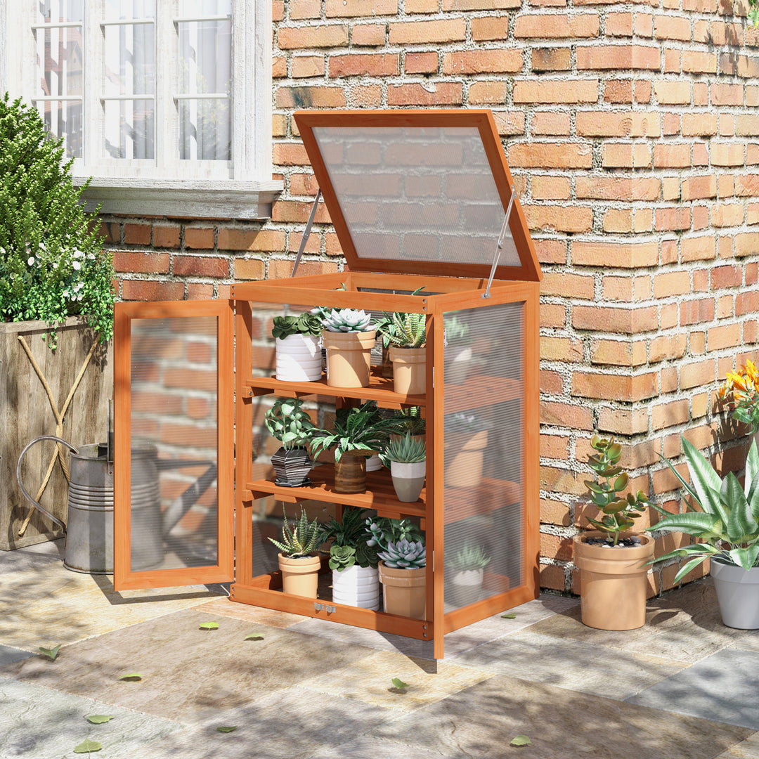 3-tier Wood Greenhouse Garden Polycarbonate Cold Frame Grow House w/ Storage Shelf for Plants, Flowers, Orange
