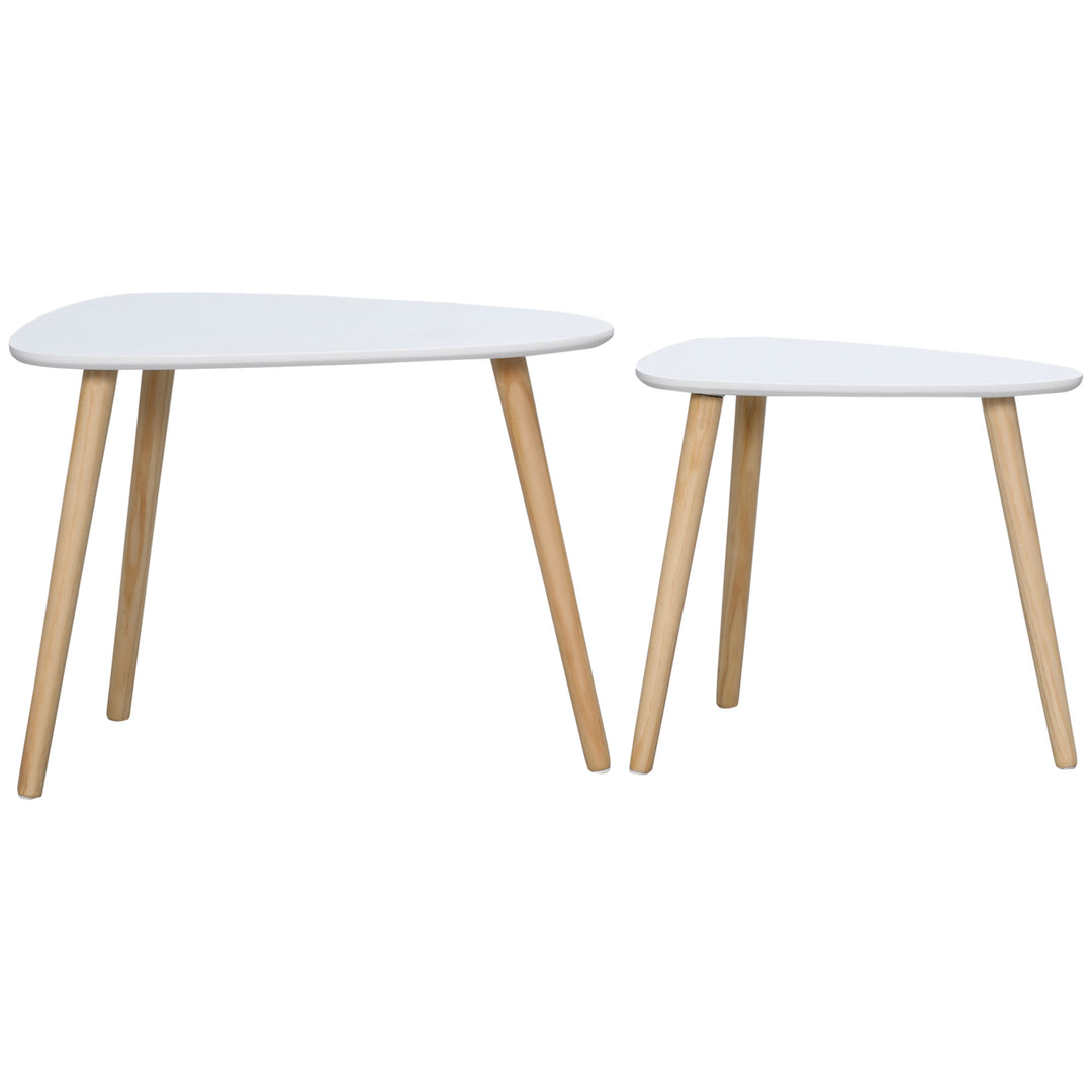 Modern Side Table Set of 2, Triangular Nest of Tables, End Table with Solid Wood Legs, for Living Room Bedroom, White