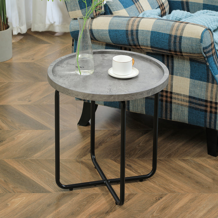 Round End Table, Modern Accent Side Table with Cement Effect Tabletop and Metal Frame for Living Room
