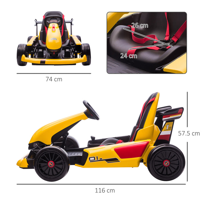 Electric Go Kart with Adjustable Footrest, Reversing Steering Wheel, Kids Ride-On Racing Go Kart with 12V Rechargeable Battery 2 Speeds Yellow
