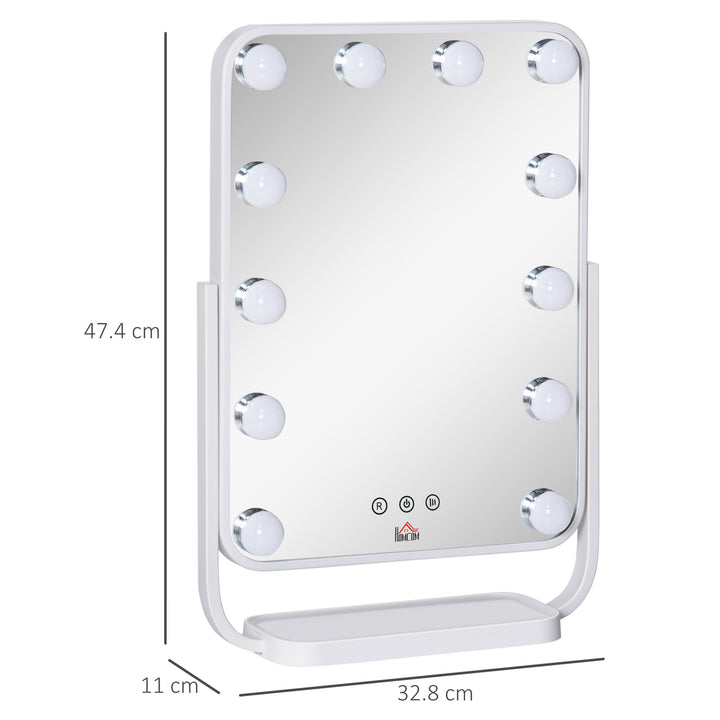 Hollywood Makeup Mirror with LED Lights, Tabletop Vanity Mirror with 12 Dimmable LED Bulbs, Memory Function and Metal Frame, White