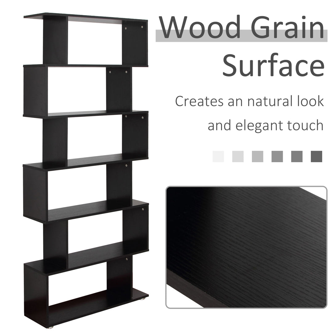 S Shape Wooden 6-tier Bookshelf Open Concept Bookcase Storage Display Unit for Home Office Living Room, Black