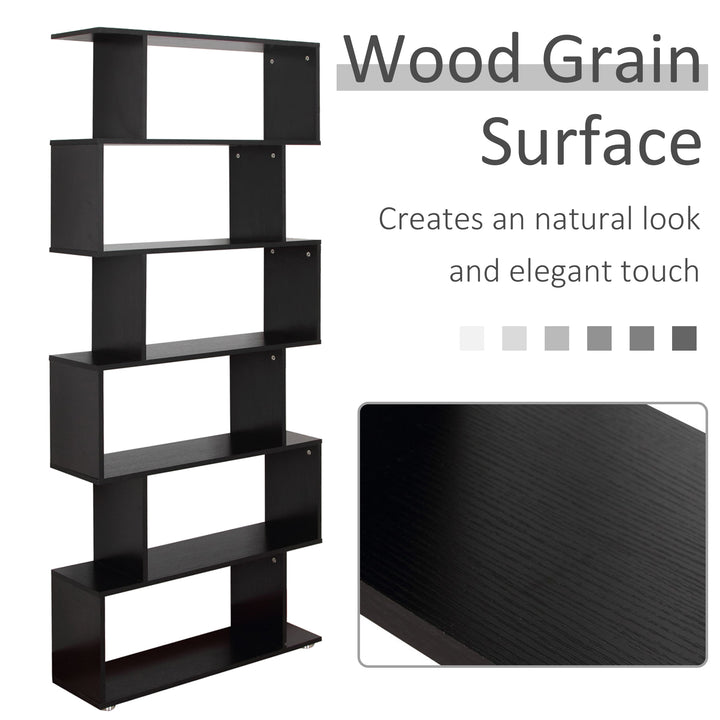 S Shape Wooden 6-tier Bookshelf Open Concept Bookcase Storage Display Unit for Home Office Living Room, Black