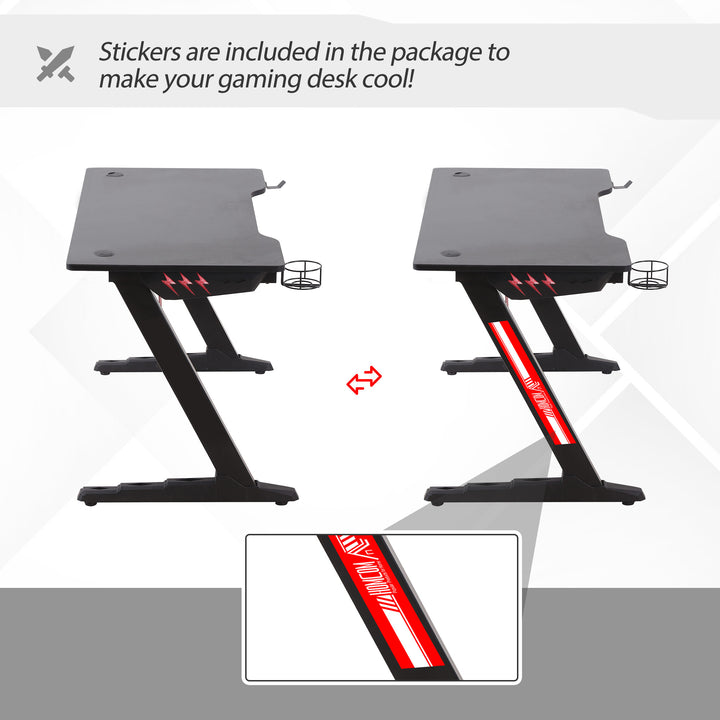 HOMCOM Racing Style Gaming Desk with LED Lights, Z-Shaped Computer Table Workstation with Cup Holder, Headphone Hook for Study, Home Office, Black